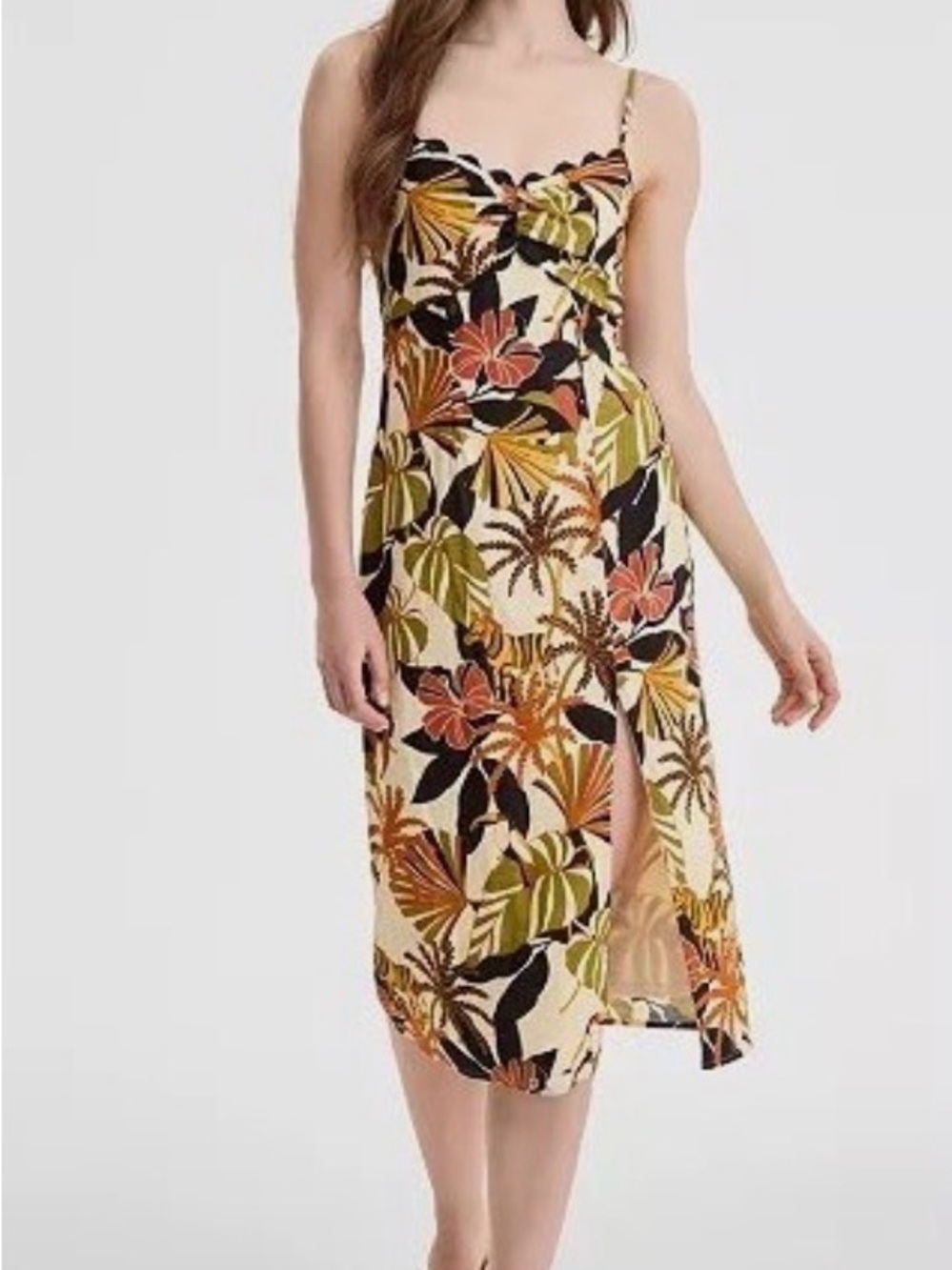 Tropical Print Spaghetti-Strap Midi Dress - Ivory Multi